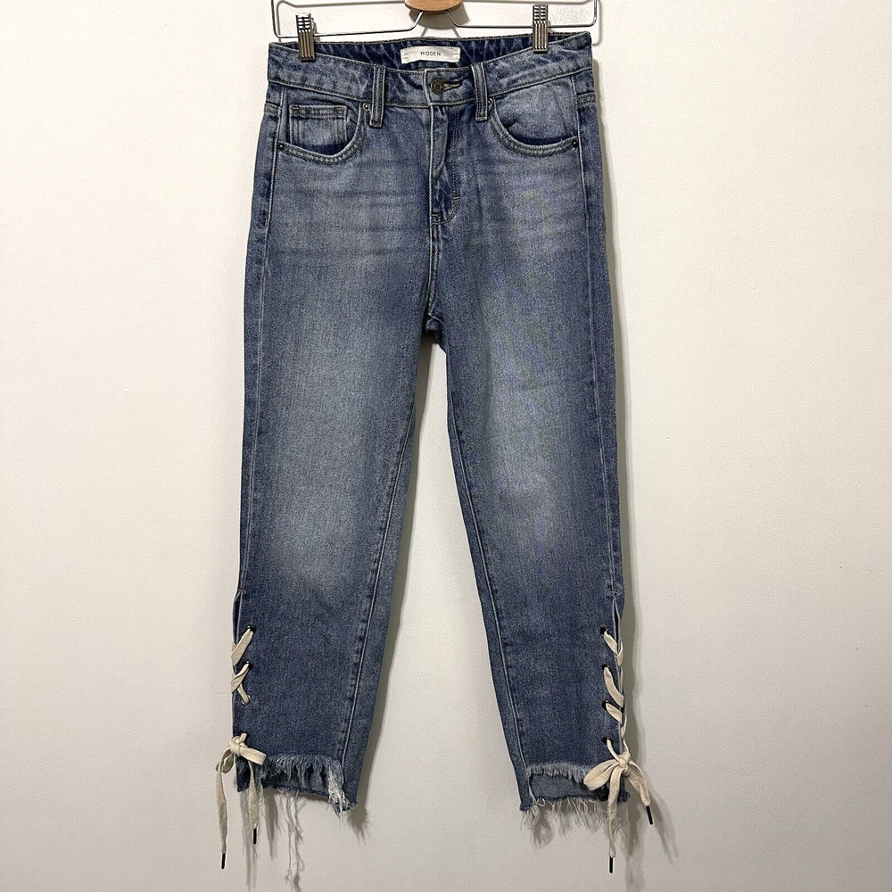 HIDDEN Tracey Lace Up Hem Crop‎ Jeans 26 Blue Raw Hem Trendy Cotton Casual Boho